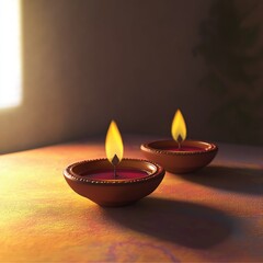 Two lit diyas, traditional Indian oil lamps, placed on table. Lamps made of clay, red wax inside. Flames bright, light illuminates table. Diya candles symbol of hope, joy, prosperity. Often used in