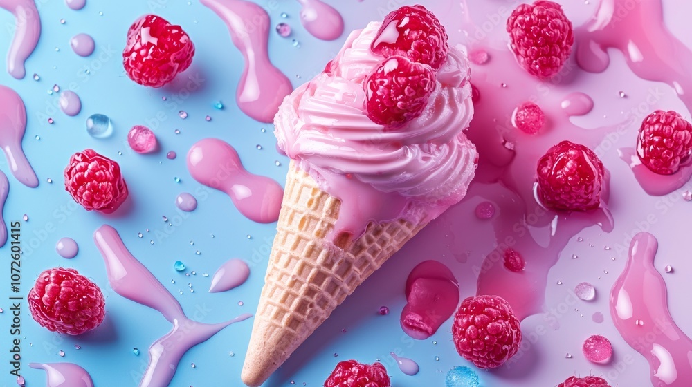 Poster raspberry ice cream cone with dripping syrup on pastel background