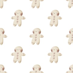 holiday seamless pattern with cartoon gingerbread man, decor elements. Merry Christmas. Colorful illustration, flat style. hand drawing. design for fabric, print, wrapper