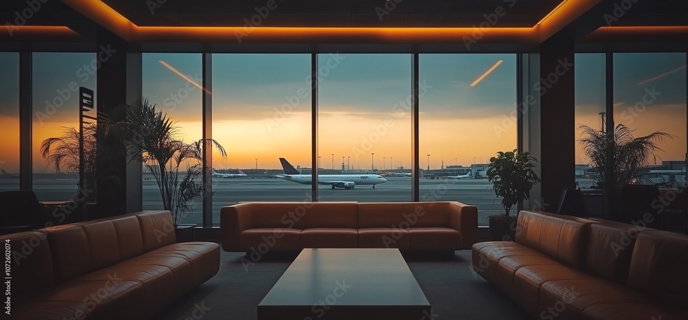 Poster A modern lounge with large windows overlooking a runway and a plane at sunset.