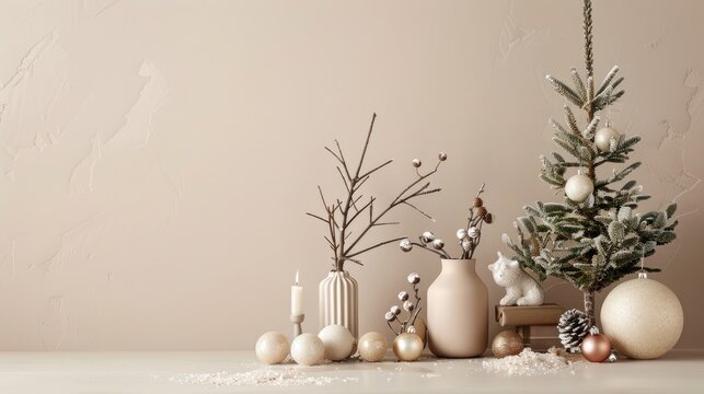 Minimal Nordic Christmas Decor on Beige Background