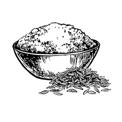 Crushed cumin or zira in a bowl. Vector graphics with the image of aromatic spices. Black and white hand-drawn illustration. On a white background. Great for cooking recipes, menus, posters or labels.