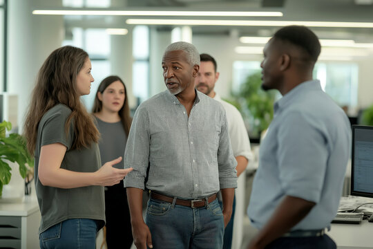 Diverse Team Engaged in Office Discussion - Collaborative Exchange and Leadership in Modern Workplace