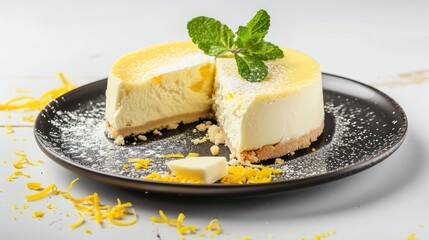 Cheesecake on Restaurant Plate, Cheese Cake Isolated on White Background, Shortbread Cookies