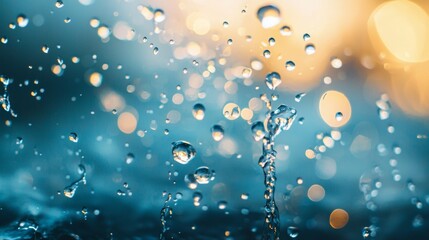 Water droplets captured in mid-air with bokeh lighting effects