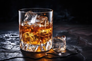 Iced Whiskey Glass on Black Stone Background, Luxury Bourbon with Ice Cubes, Cold Brandy, Whisky
