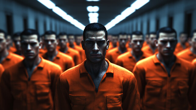 Male inmates in orange jumpsuits arranged in two rows in the prison corridor