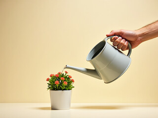 Watering the flower, watering small plants in vases.