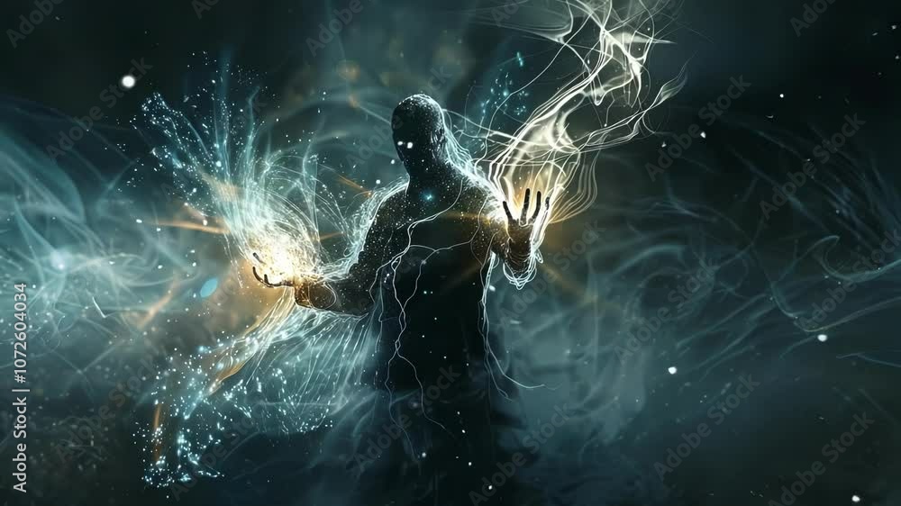 Poster a hauntingly beautiful image of a figure standing in front of a dark void with one hand illuminated 