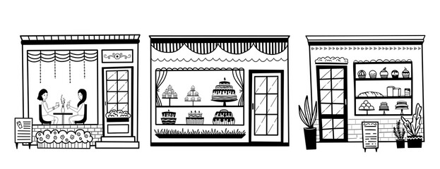 Vector illustration of a bakery counter showcasing a variety of delicious cupcakes and cakes in doodle style. Cozy coffee shop two girls are drinking coffee. The ladies are sitting drinks.
