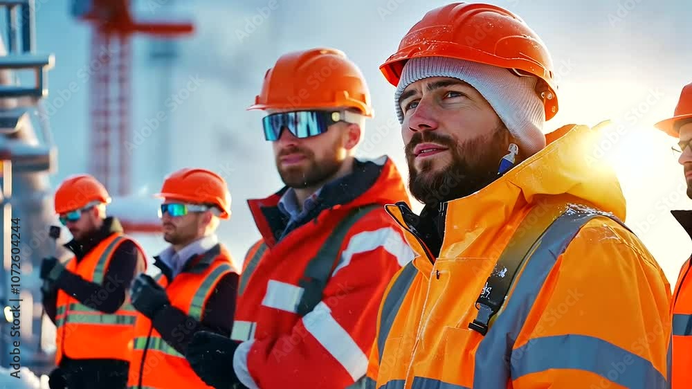 Poster engineers installing de-icing systems on high structures in winter