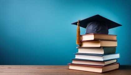 graduation cap and stack of books on wooden table over blue background book stack with a graduation hat on top of the books with lots of empty space