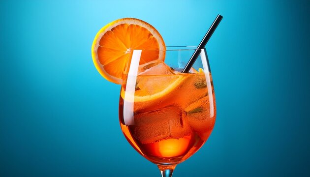 glass of apperol spritz cocktail with orange slice and straw on blue background closeup of summer drink zoom out