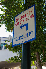 Emergency Safety Zone, Police Dept road sign at the Beverly Hills Police Department (BHPD) in Los...