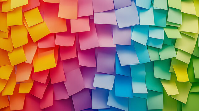 A close-up of colorful sticky notes arranged in a rainbow pattern on a desk.