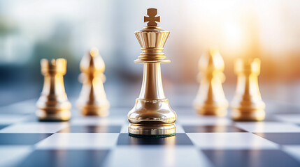 Golden chess pieces are meticulously arranged on a classic board, highlighting strategic gameplay during twilight
