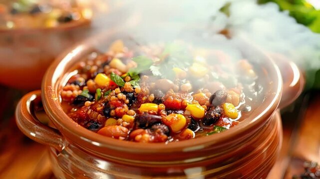 Hearty bowl of chili is simmering with vegetables, beans, and spices, creating a warm and inviting meal. The rich colors and textures of the dish are sure to entice your appetite