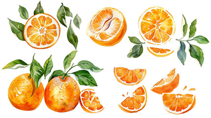 Oranges in leaves. A set of vector illustrations. Vectorized gouache illustrations. Collection of isolates for labels, prints, banners. Watercolor illustration on white background