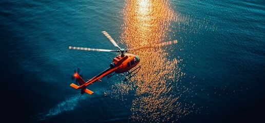 A red helicopter flies over a vast blue ocean with bright sunlight reflecting off the water.