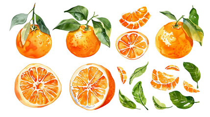 Naklejka premium Oranges in leaves. A set of vector illustrations. Vectorized gouache illustrations. Collection of isolates for labels, prints, banners. Watercolor illustration on white background