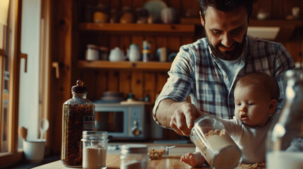 Father feeding his child with formula milk, highlighting the role of a dad on paternity leave. Concept of modern parenting, caregiving, and family bonding