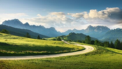 a picturesque road winding its way through a lush grassy field with majestic mountains rising in the background completing the scene beautifully