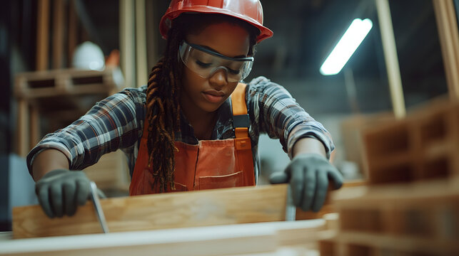 Focused female carpenter working on a wooden project in a workshop.