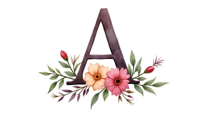 Decorative letter A with pink and orange flowers and green leaves on white background