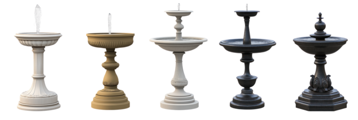 Set of antique vintage pedestal water fountains, classic style. Various designs, isolated on transparent background. For garden decor, landscaping design, architecture visualization. Perfect for Png.