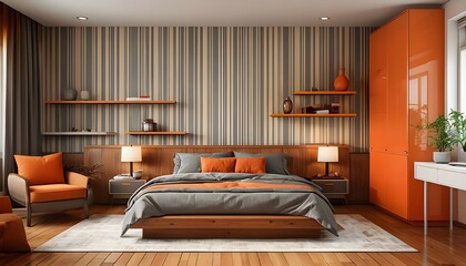  The room features a large bed with a wooden frame, dressed in gray and orange bedding, positioned against a wall with vertical striped wallpaper in shades of gray and beige.