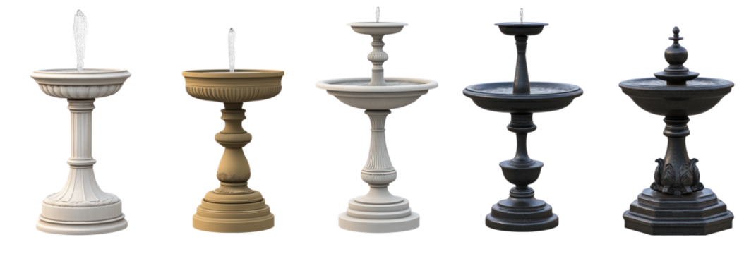 Set of antique vintage pedestal water fountains, classic style. Various designs, isolated on transparent background. For garden decor, landscaping design, architecture visualization. Perfect for Png.