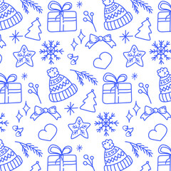 Pattern Hand drawn hat, New Year gift, bow, snowflakes and winter elements. Endless ornament Vector illustration in doodle style Winter mood. Blue ornament on white background