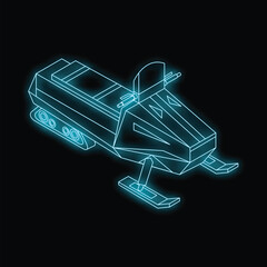Neon glowing snowmobile standing on a black background, isometric view