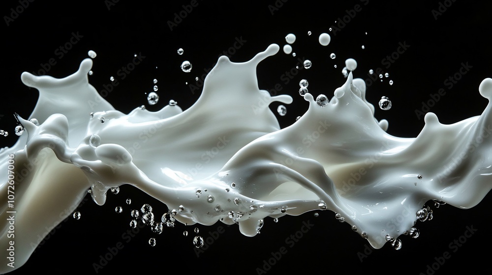 Poster a splash of white liquid against a black background, creating a dynamic and abstract shape.