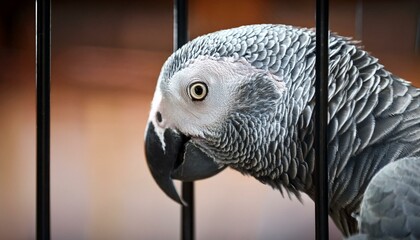 Obraz premium portrait of a gray parrot looking out of his cage