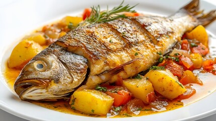 Food, Fish Stew, Photo Realistic, White Background, Wallpaper, Cover and Screen for Smartphone, PC, Laptop, 9:16 and 16:9 Format