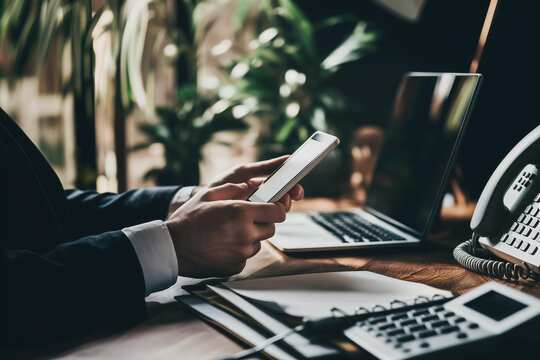 Biznesman w biurze trzyma smartfon, obok stoi laptop na biurku