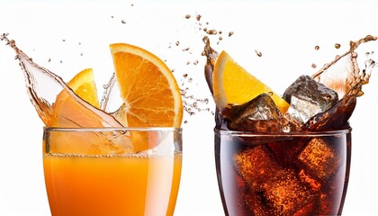 orange juice and cola splashing out of glass isolated white background