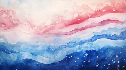 柔らかい赤と青の色彩で星が輝く空を描いた水彩画、幻想的な雰囲気が漂うデザイン。generative ai
