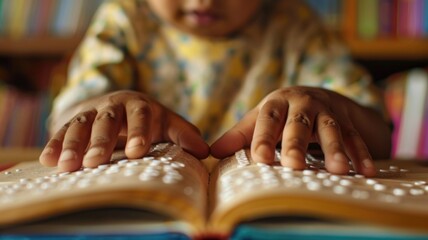 Child engaged in braille reading in a library setting,World Braille Day