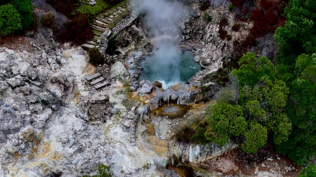 Furnas hot thermal springs, Sao Miguel Island, Azores, Portugal. Aerial 4K drone video footage of Furnas village and Caldeira do Asmodeu
