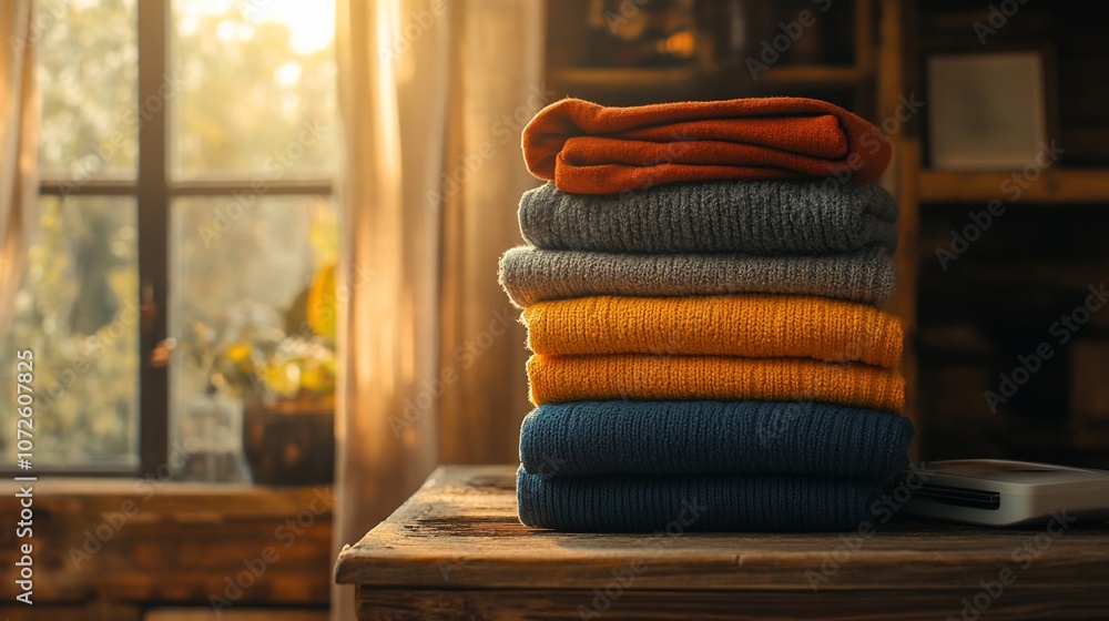Poster a stack of folded sweaters in warm colors sits on a wooden table in a cozy living room. the window b