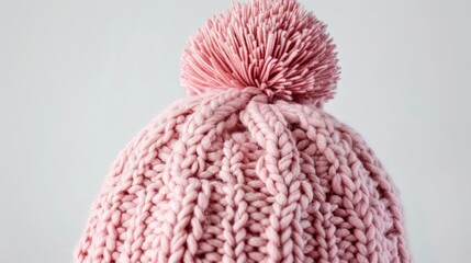 Fototapeta premium Knitted pink hat with pompon on white background