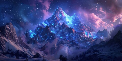 Enchanted Mountain Range: Bioluminescent Forest Lights Up the Night, Majestic Mountains with Glowing Bioluminescent Trees at Dusk