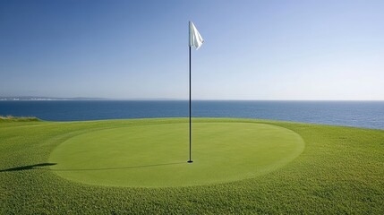 Obraz premium Tranquil Golf Course by the Ocean Under Clear Skies