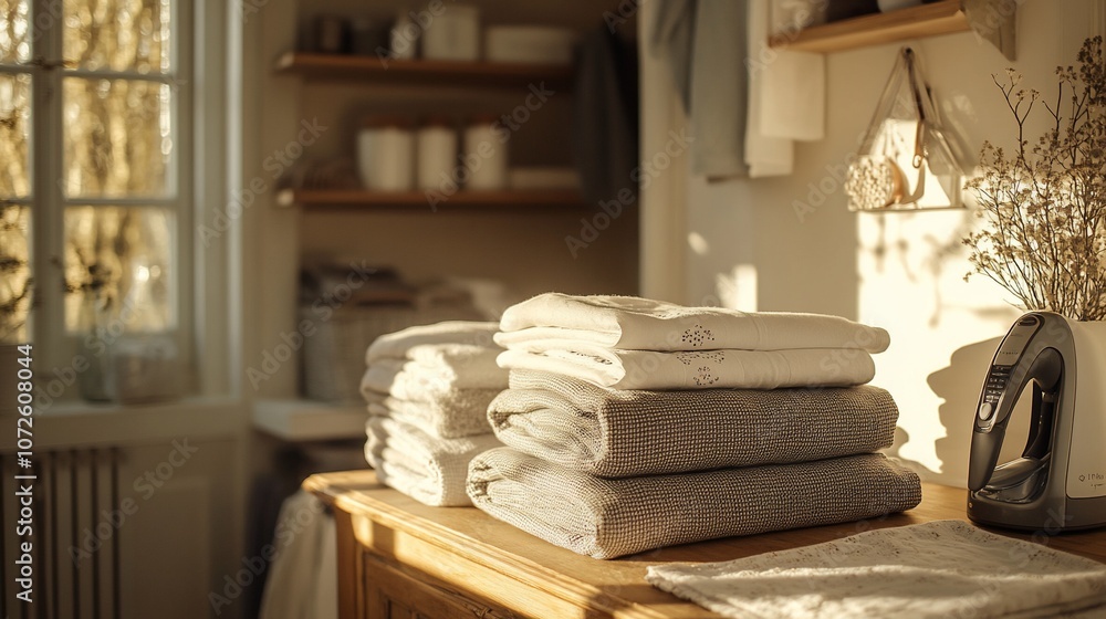 Poster a stack of neatly folded towels sits on a wooden table in a laundry room.