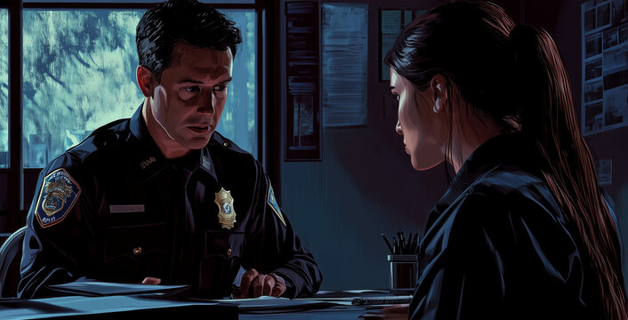 Police officer interviewing a witness at night in a police station, with a rainy city outside the window