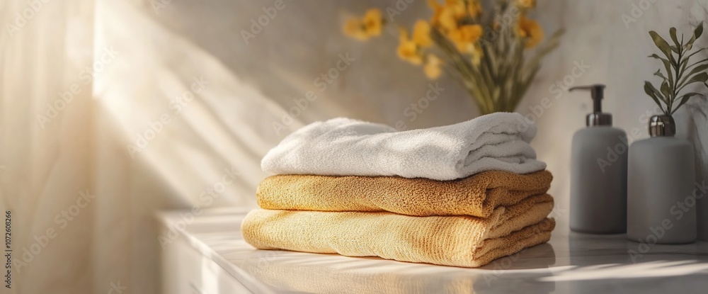 Poster A stack of three towels on a white countertop with a bottle of soap and a vase of flowers in the background.
