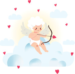 On Valentine's Day, a young Cupid with flowing white hair sits gracefully on a soft, fluffy cloud, watching over the world below. His delicate bow and arrow are ready to strike, spreading love to all 