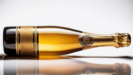 Naklejka premium Golden champagne bottle lying horizontally on a white background. PNG transparent.